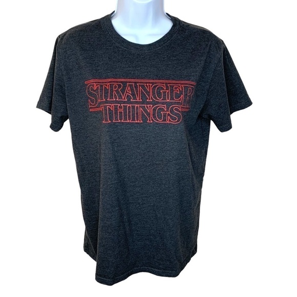 Stranger Things Dark Grey Red Logo Tee T Shirt Womens Large Casual Stretch - Picture 1 of 9